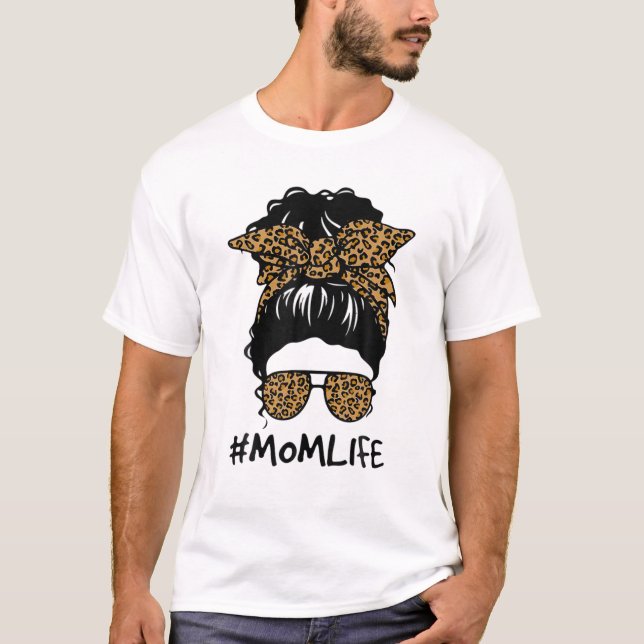T-shirt Maman Vie Messager Bun Cheveux Leopard Plaid Momli (Devant)