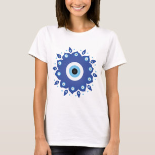 T-shirt Mandala Grec Mal Oeil Bleu Blanc