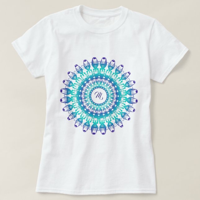 T-shirt Mandala turquoise ethnique. monogramme (Design devant)