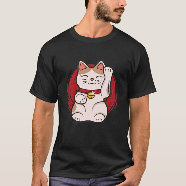 T-shirt Maneki Neko Lucky Cat Statue Waving Japanese Style (Devant)