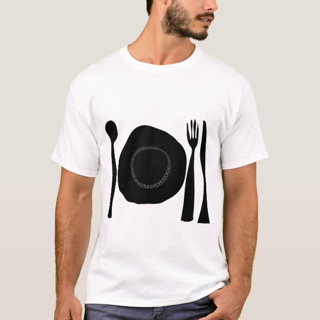 T-shirt Manger Mangez noir et blanc Plaque et ustensiles G (Devant)