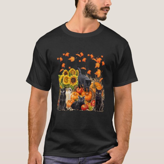 T-shirt Maple Cat Citrouille Feuille Automne Bonjour Autom (Devant)
