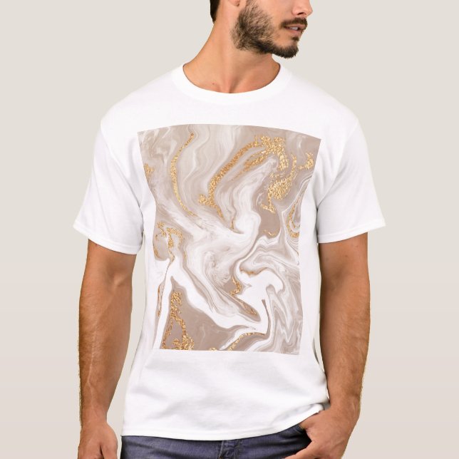 T-shirt Marbre liquide beige, art de la ligne dorée. (Devant)