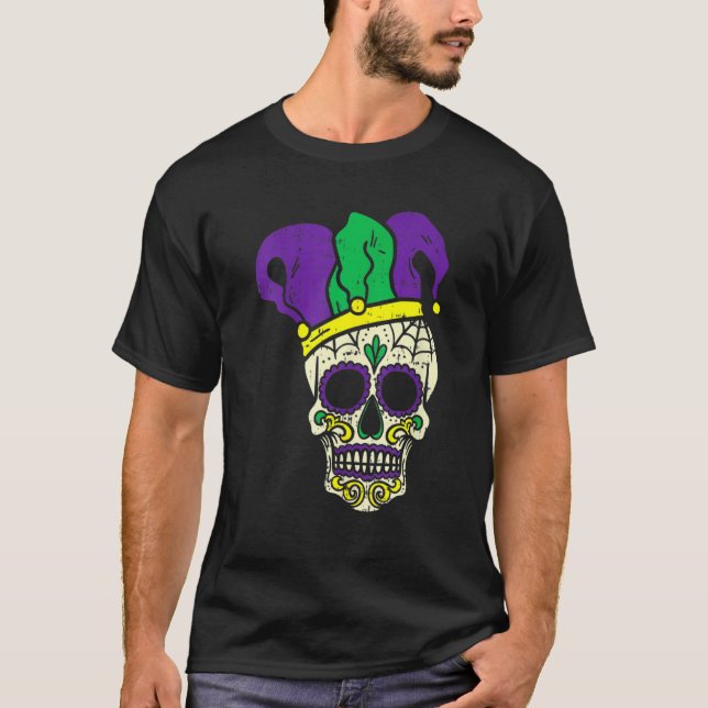 T-shirt Mardi Gras Cute Skull Jester Hat Masked Beads Fest (Devant)