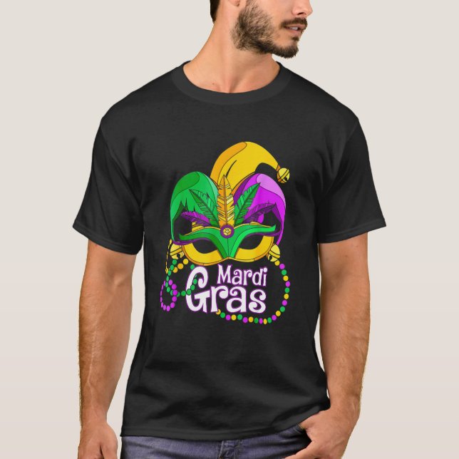 T-shirt Mardi Gras T Shirt Mardi Gras Beads Mask Feathers  (Devant)
