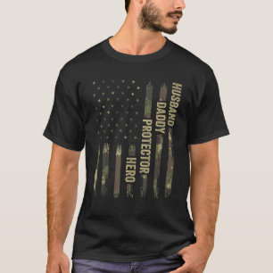 T-shirt Mari Papa Protecteur Héros Camo Vintage Drapeau US