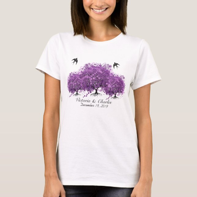 T-shirt Mariage de feuille d'arbre de coeur violet radiant (Devant)