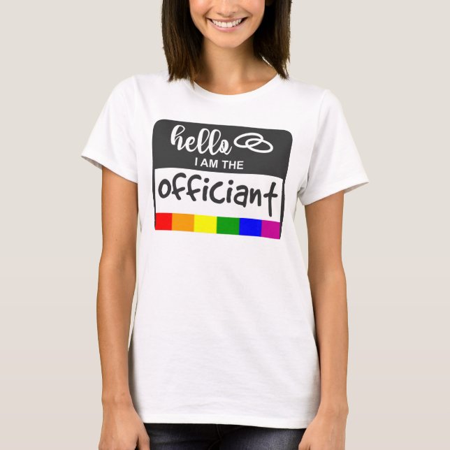 T-shirt Mariage drapeau arc-en-ciel Bonjour Nom Badge Offi (Devant)