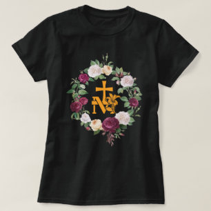 T-shirt Marian Catholic M & Faith Cross Floral Religieux