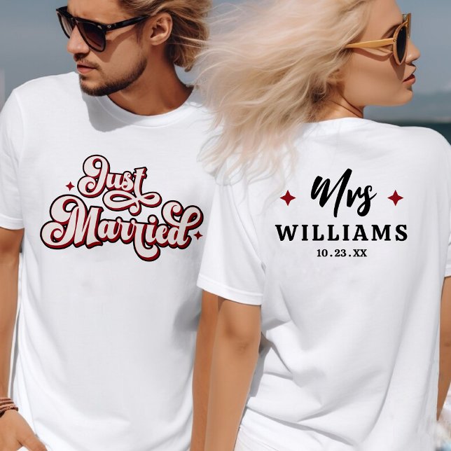 T-shirt Mariés Rétro M. et Mme Rose Rouge & Blanc  (Retro Just Married Mr and Mrs Pink Red & White T-Shirt)