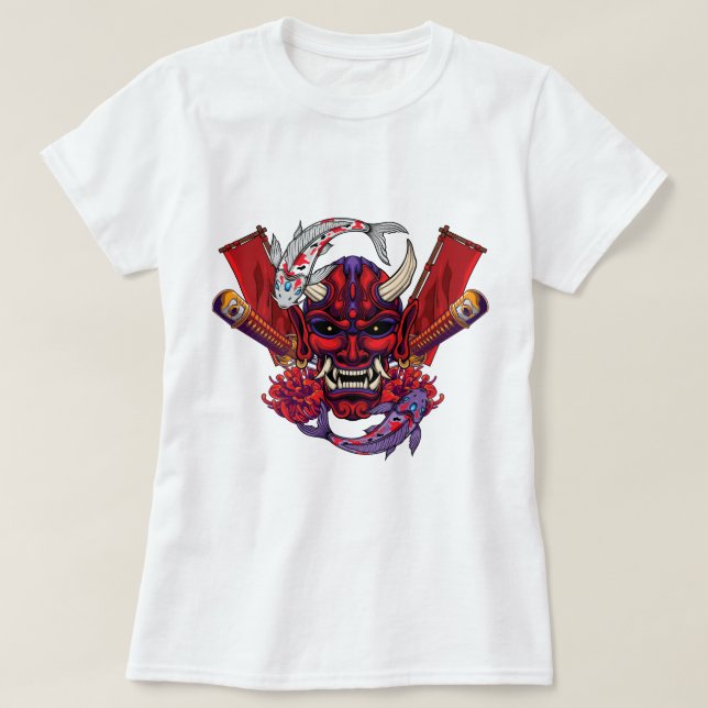 T-shirt Masque Kabuki Oni et poisson Koi (Design devant)