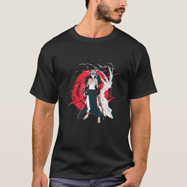 T-shirt Masque Kitsune épée japonaise Katana Fox Samurai G (Devant)