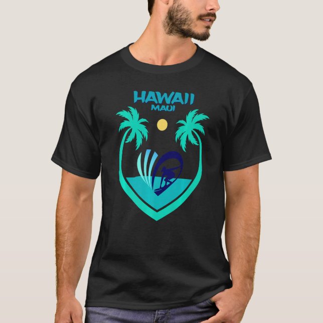T-shirt Maui Hawaii Surf Oahu Beach Palms Aloha  USA Souve (Devant)