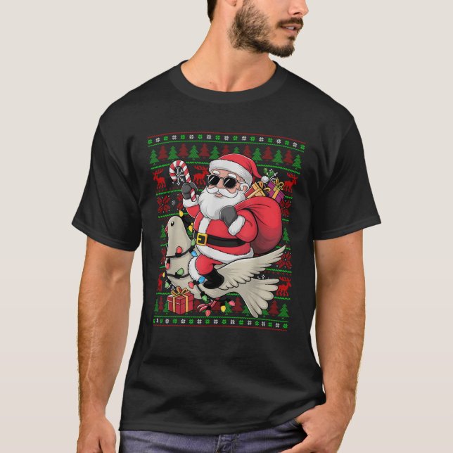 T-shirt Mauvais Noël Lumières Drôle Père Noël Riding Dove  (Devant)