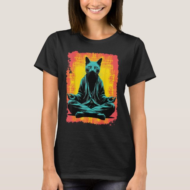 T-shirt Méditation Yoga Drôle Chat Noir (Devant)