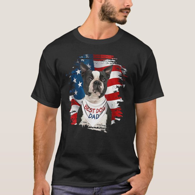 T-shirt Meilleur Drapeau Boston Terrier Chien Papa Cute Us (Devant)