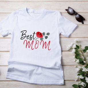 T-shirt Meilleure maman Rose rouge Aquarelle Mère`Jour