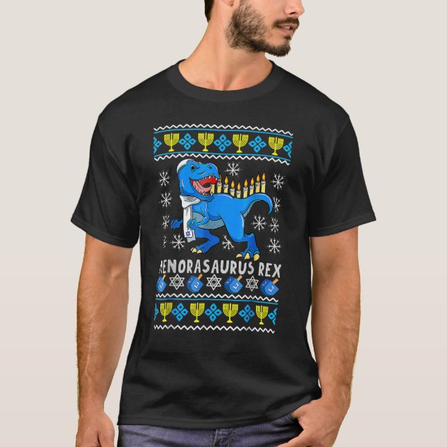T-shirt Menorasaurus Rex Trex Menorah Ugly Hanukkah Chanuk (Devant)