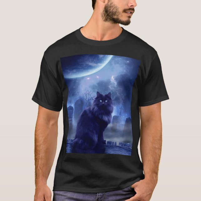 T-shirt men's black cat and moon light (Devant)