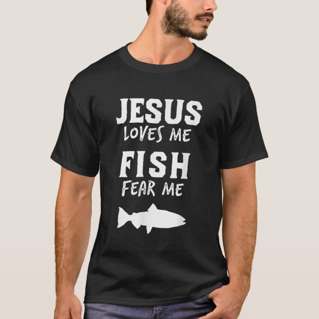 T-shirt Mens Drôle Pêche Jésus aime Poisson Craindre moi C (Devant)