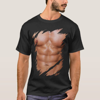 T-shirt Mens Faux Muscles Écrits Torn Poitrine Six Pack Ab