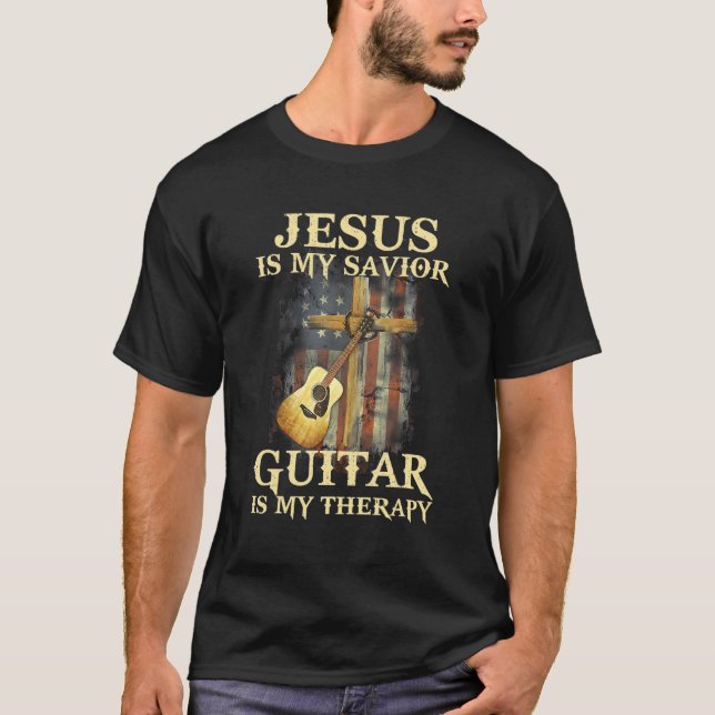 T-shirt Mens Jésus Est Mon Sauveur Guitare Est Ma Thérapie (Devant)