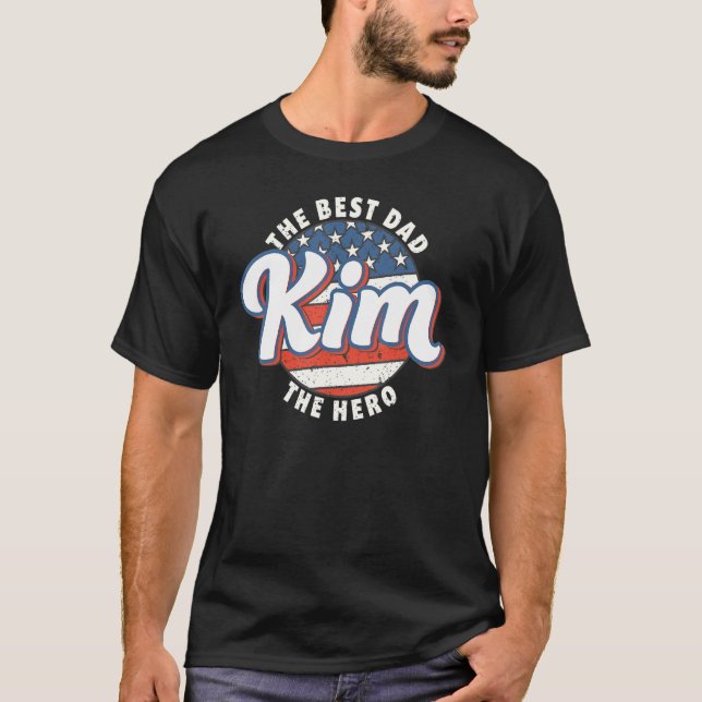 T-shirt Mens Kim Best Dad Hero US Flag Personalised Father (Devant)
