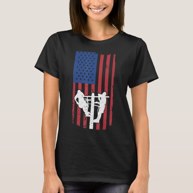 T-shirt Mens Lineman Electrician Linemen American Flag L (Devant)