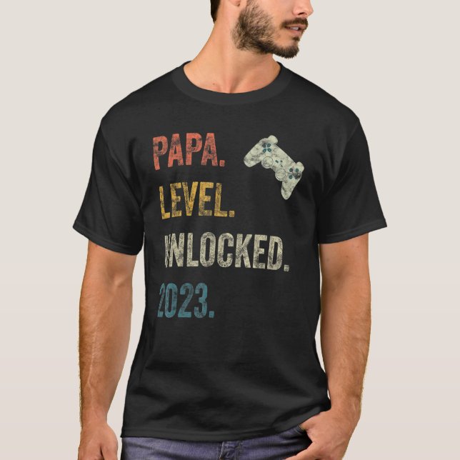T-shirt Mens Papa Niveau Déverrouillé 2023 Grossesse Gamer (Devant)