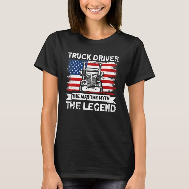 T-shirt Mens Trucker Truck Driver American Flag Man Myth L (Devant)