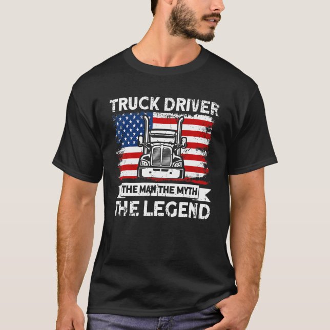 T-shirt Mens Trucker Truck Driver American Flag Man Myth L (Devant)