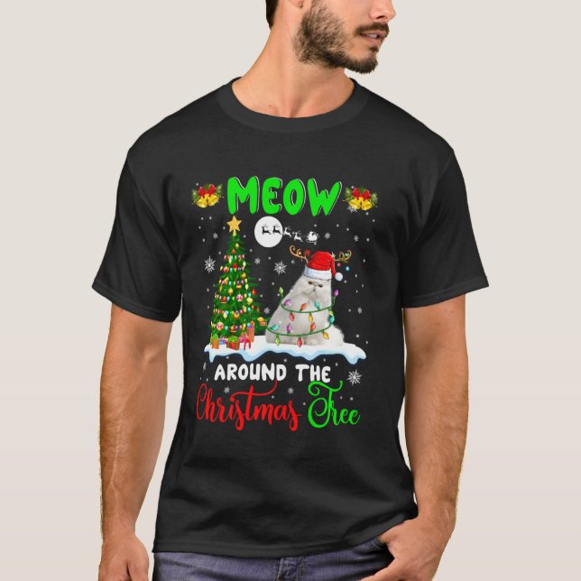 T-shirt Meow Around Christmas Tree Cute Santa Reindeer Cat (Devant)