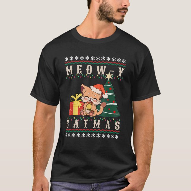 T-shirt Meow y Catmas Chat Noël Arbre de Noël Filles Garço (Devant)