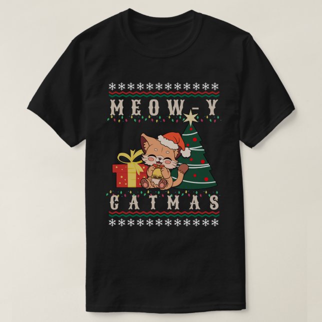 T-shirt Meow y Catmas Chat Noël Arbre de Noël Filles Garço (Design devant)