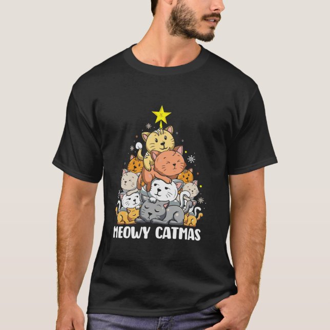 T-shirt Meowa Catmas Chat Noël Arbre de Noël Filles Garçon (Devant)