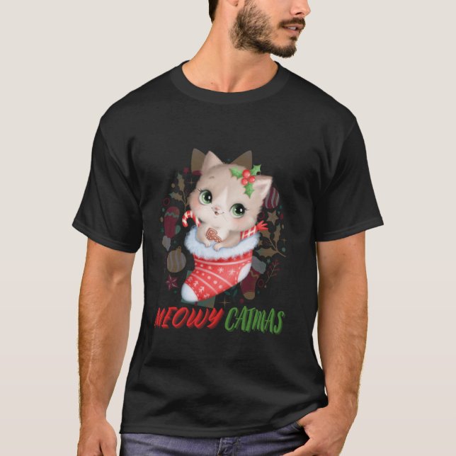 T-shirt Meowa Catmas Cute Chat Dans Noël Sock Filles (Devant)