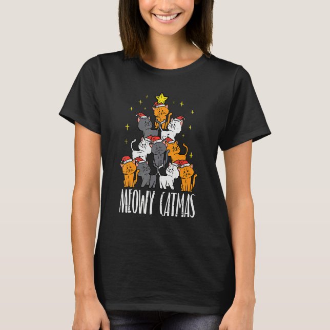 T-shirt Meowy Catmas Cat Christmas Tree Xmas Women Girls (Devant)