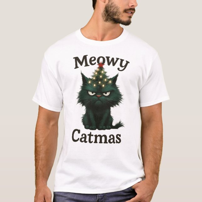T-shirt Meowy Catmas Moody cat (Devant)