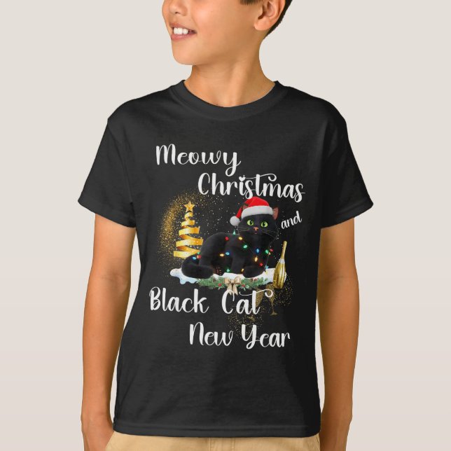 T-shirt Meowy Christmas Black Cat Funny Santa Hat Happy Ne (Devant)