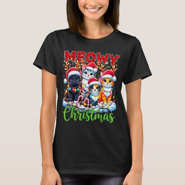 T-shirt Meowy Christmas Reindeer Xmas Lights Santa Cat  (Devant)