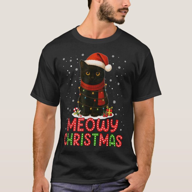 T-shirt Meowy Christmas Santa Hat Funny Black Cat Men Wome (Devant)