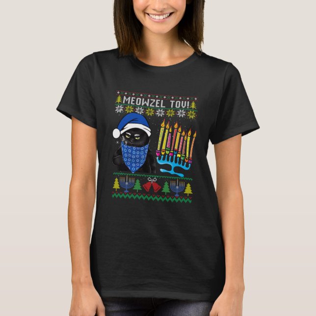 T-shirt Meowzel Tov Ugly Hanoukka Sweater Chat Chanukah Je (Devant)