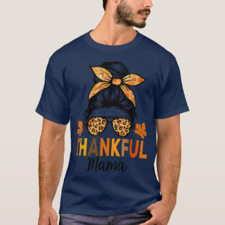 T-shirt Merci Mama Thanksgiving Women Messy Bun Leopard