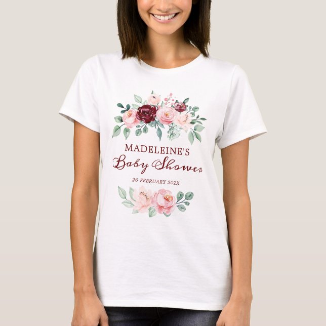 T-shirt Mère À Être Bourgogne Baby shower Floral Rose (Devant)