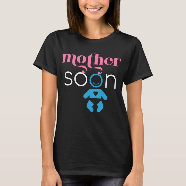 T-shirt Mère Bientôt Baby Boy Pink Bleu Blanc Fun (Devant)