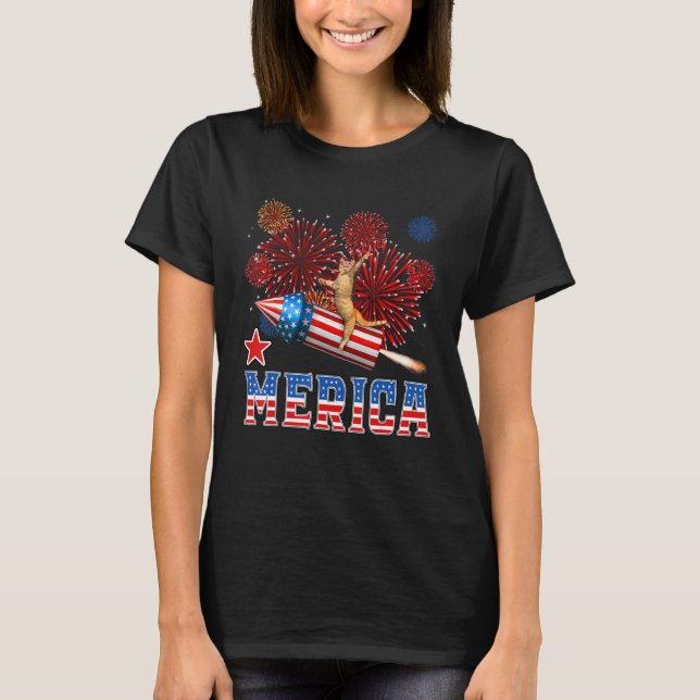T-shirt Merica 4th of July Cat Riding Firework Rocket Patr (Devant)