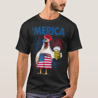 T-shirt Merica Funny Poulet avec bière USA Drapeau 4e de
