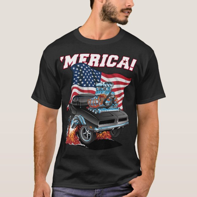 T-shirt Merica Patriotic Classic Muscle Voiture avec drape (Devant)