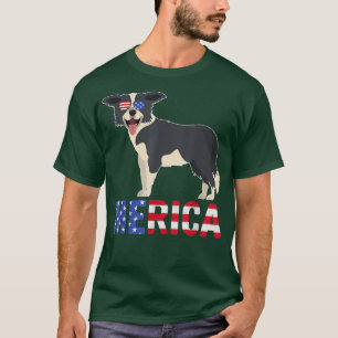 T-shirt Merica USA Drapeau Frontière Collie Chien Lunettes