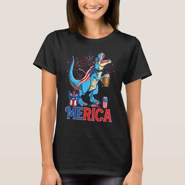 T-shirt Merican Rex & Beer Glass USA Flag Indepedence Day (Devant)